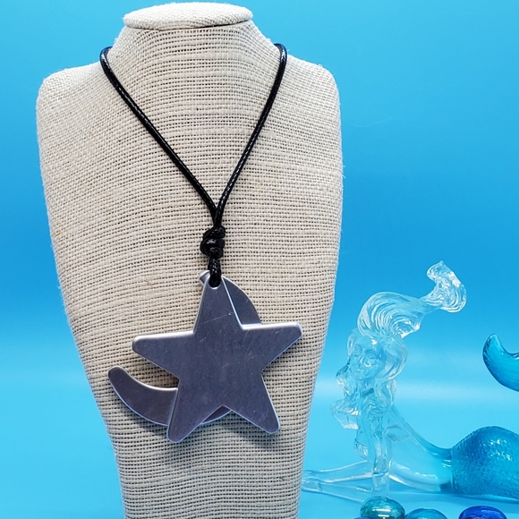 Brushed silver tone metal  star and  moon on a black cord staement necklace - Picture 3 of 4
